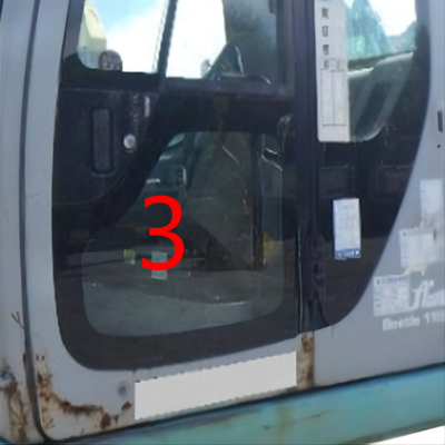 OEM KOBELCO รถขุดกระจกประตูด้านซ้ายล่างตำแหน่ง NO.3 เปลี่ยนกระจกหน้ารถสีเขียว